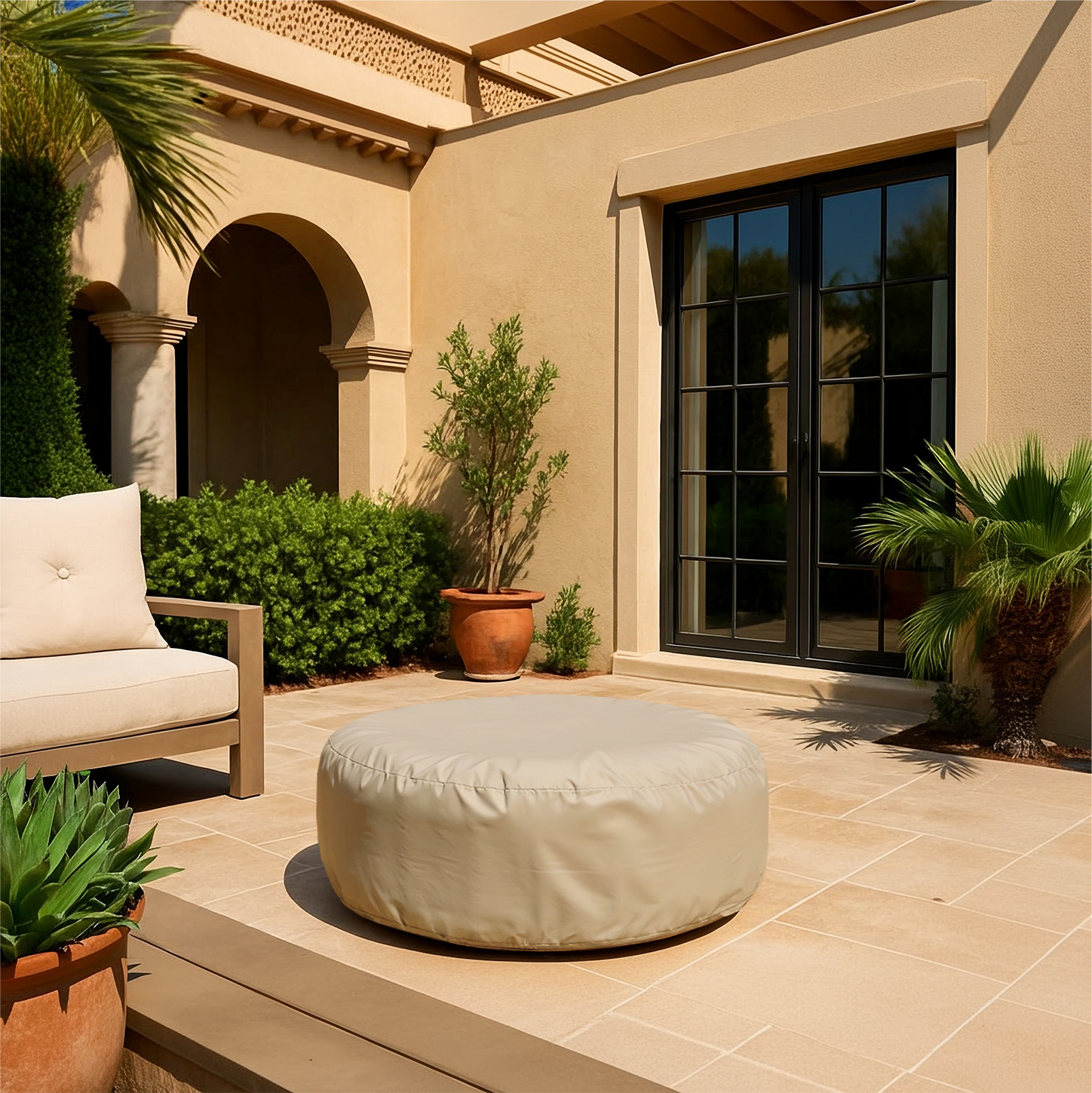 Beige Round Outdoor Ottoman Cover