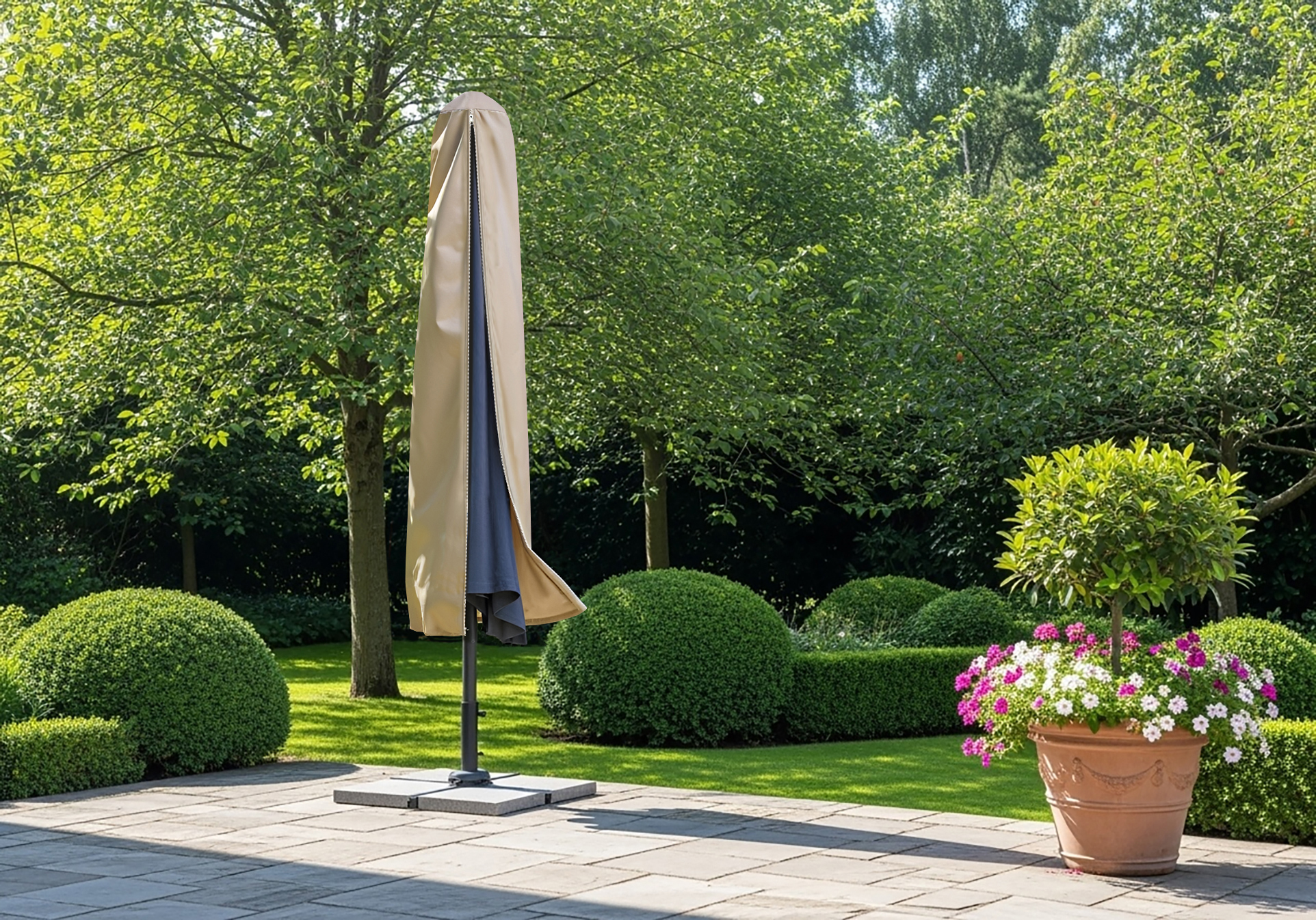 Beige Outdoor Umbrella Cover - Opened