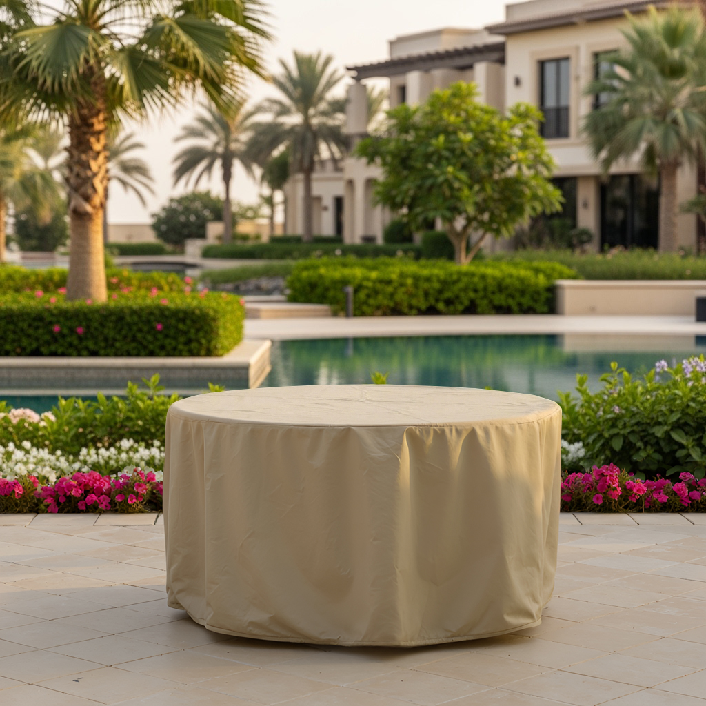 Beige Round Outdoor Dining Table Cover
