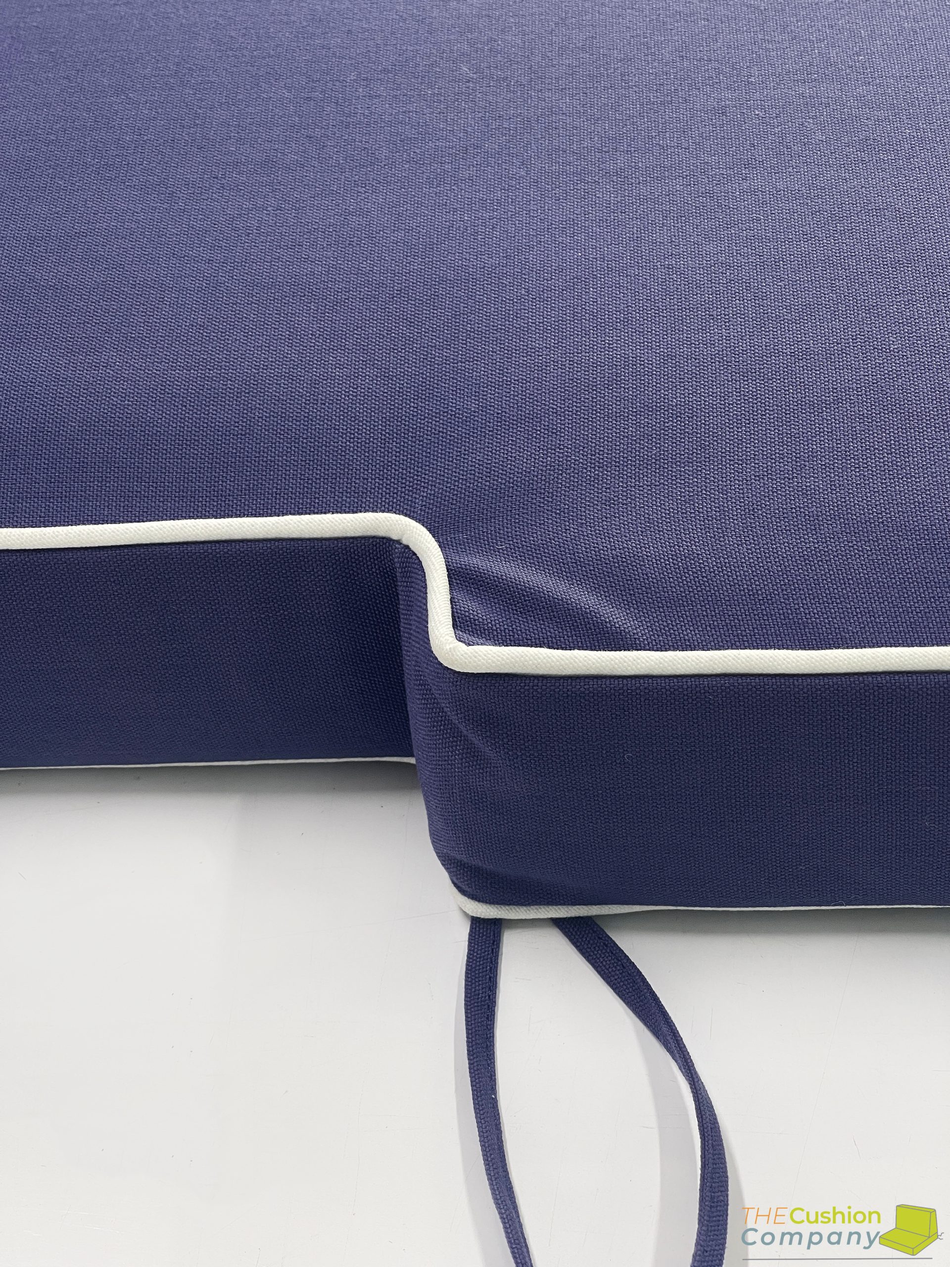 Denim Blue Notched Bench Cushion Cover - English White Piping