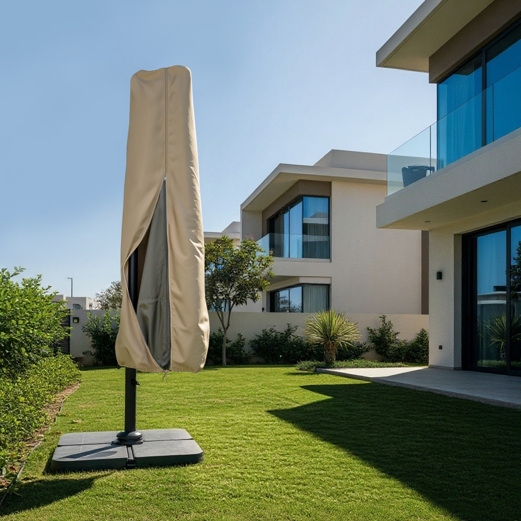 Beige Outdoor Cantilever Umbrella Cover - Opened