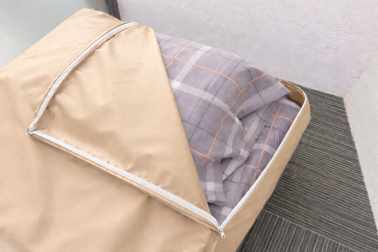 Beige Mattress Cover With Zip Opened