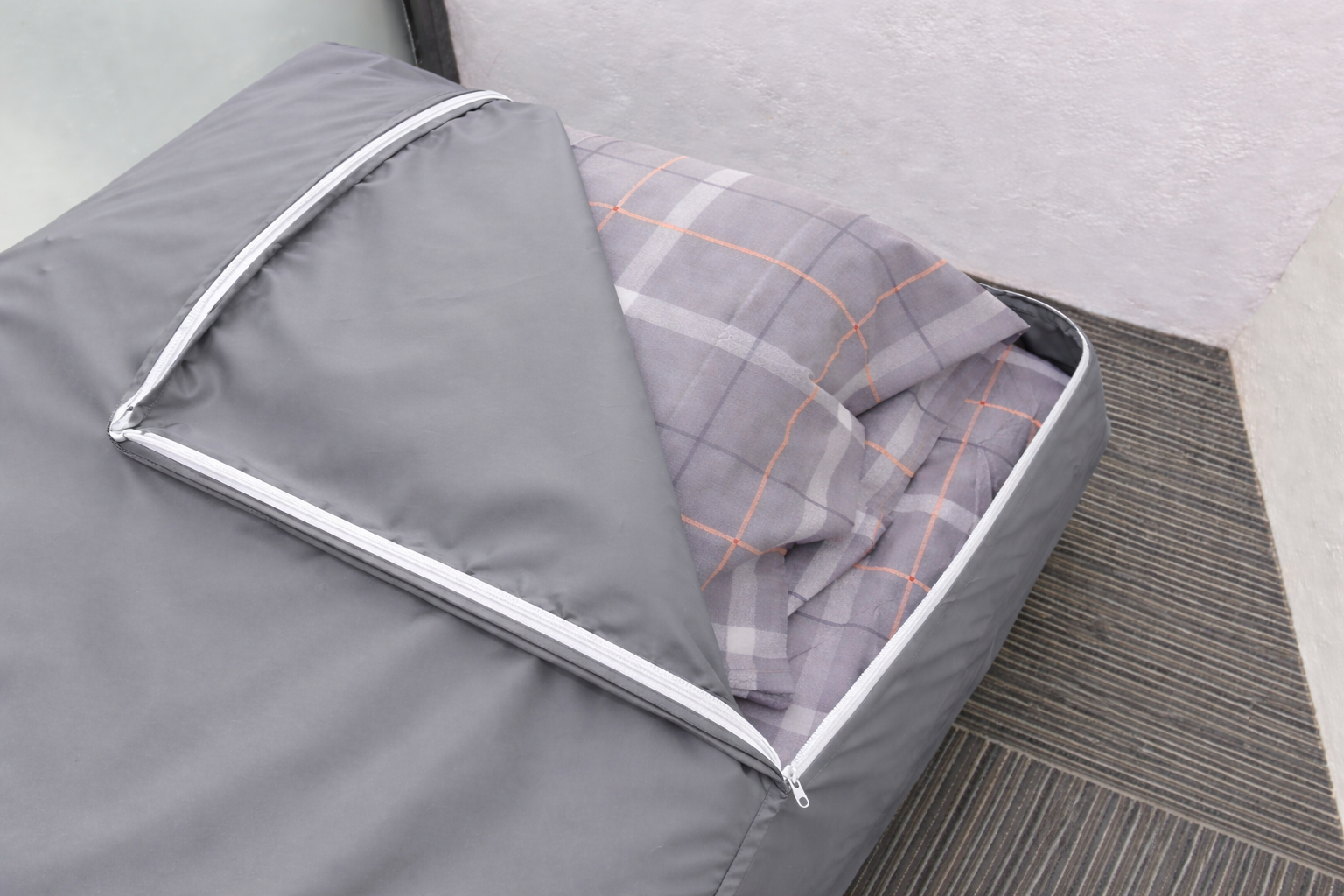 Grey Mattress Cover With Zip Opened